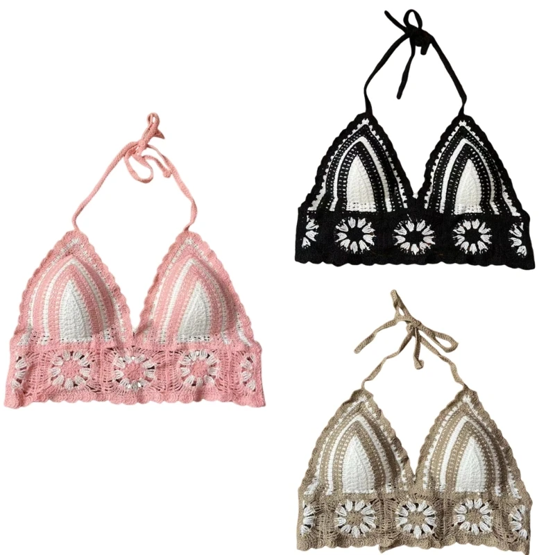 

Women Sexy Crochet Halterneck Bras Beach Holiday Knitted Flower Crop Top