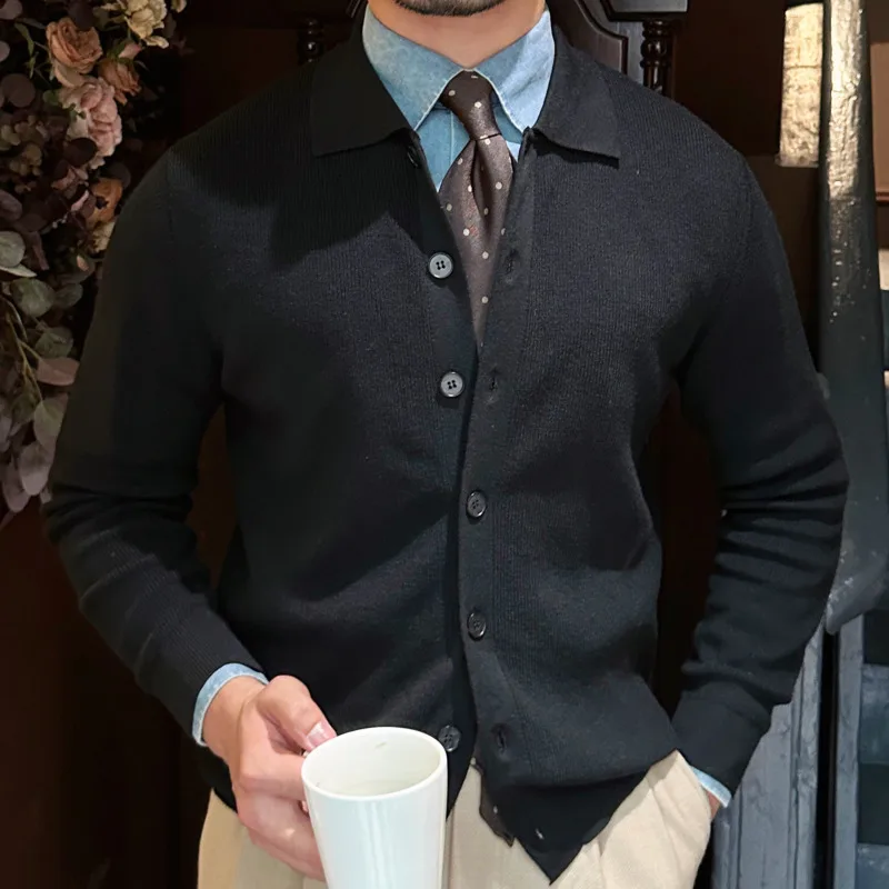 2023 High Quality Sweater Cardigan Men Knitting Pocket Sweaters Fall Solid Color Top Slim Bottomed Lapel Men Winter Warm Coat
