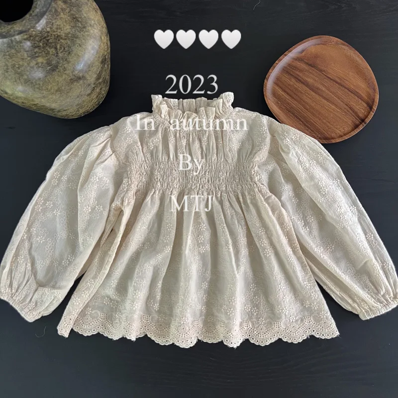 7357 Korean Girls Blouses kids shirts Lace Hollow Out Floral Shirt Baby Girls Clothes Tops Long Sleeve White Blouse