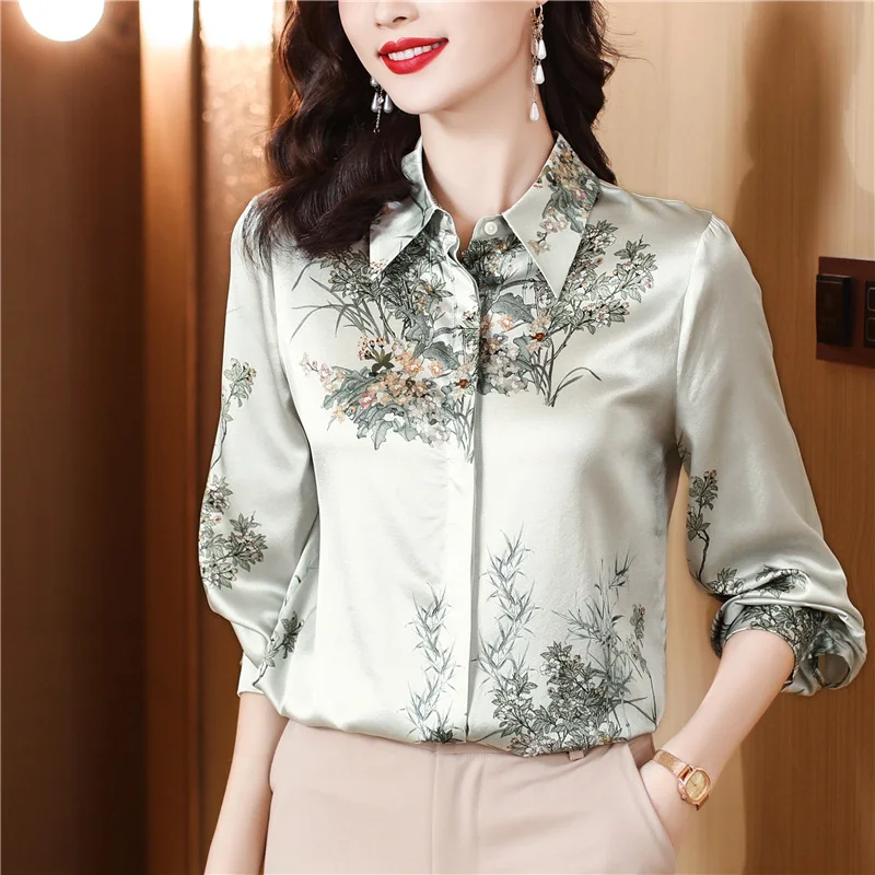 Vintage Floral Print Satin Silk Shirts For Women High
