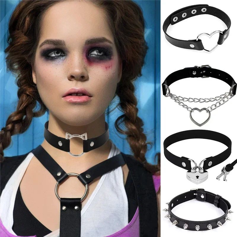 Woman Black Punk Choker Collar Necklace Sexy PU Leather Heart Lock Key Spike Chocker Gothic Cosplay Accessories Party Jewelry 5