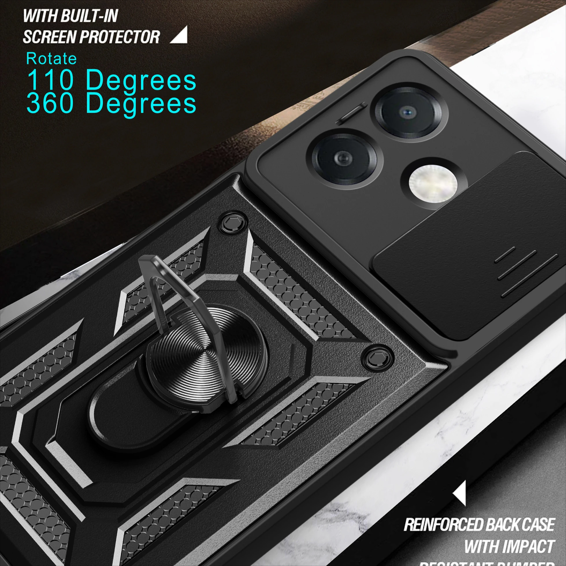Kickstand Armor Case with Lens Protection and Magnetic Holder - Durable Cover with Kickstand and Lens Protection