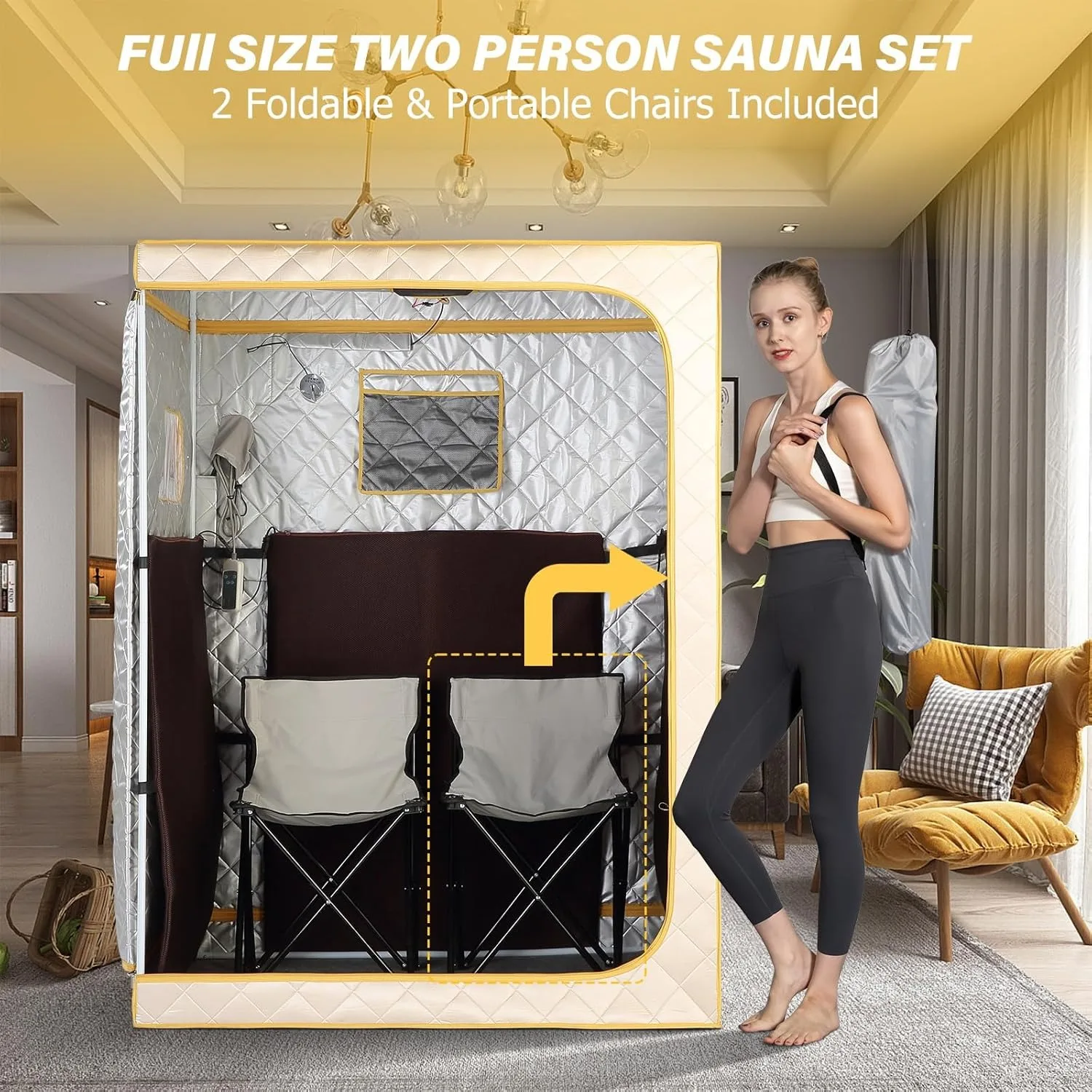 ซาวน่าอินฟราเรดแบบไกล 2 ที่นั่ง สำหรับใช้ในบ้าน พร้อมรีโมทคอนโทรล สำหรับการผ่อนคลาย สีเบจ 1