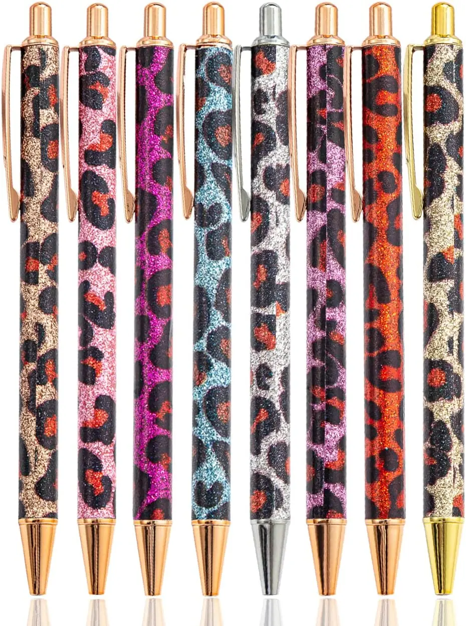 8 Pieces Girly Pens Leopard Writing Pens for Women Glitter Cute Ballpoint Pens Black Ink Medium Point 1.0 mm Writing Pens