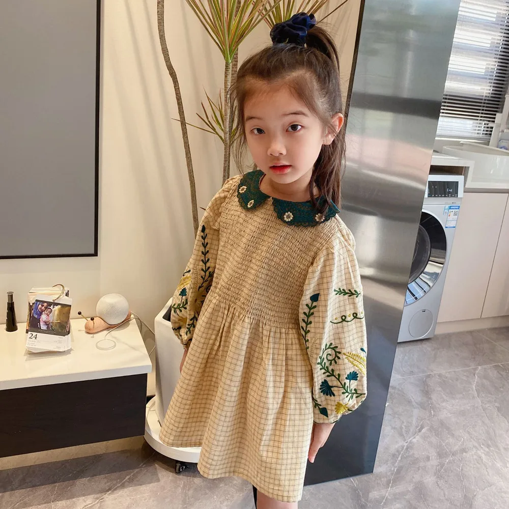 

Spring Summer Girls' Shirt Skirt Cotton Vintage Plaid Khaki Heavy Industry Embroidery Lantern Long Sleeve Dress 2022SS Kids Wear