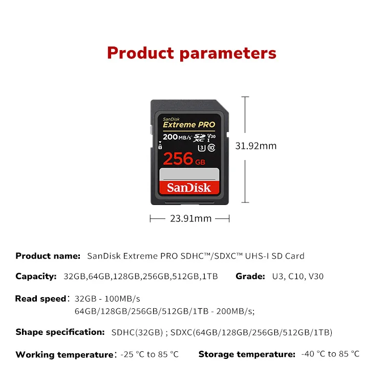 Original SanDisk Extreme Pro SD-Karte 128GB 64GB SDXC 256GB 512GB V30 Speicherkarte Lesegeschwindigkeit 200MB/s SDHC 32GB Speicherkarte für Kamera – Detail 6