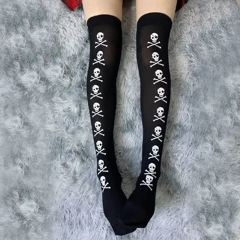 New Gothic Bone Bow Long Socks Streetwear Girls Black Sweet Cute Pink Y2K Harajuku Lolita Fishnet Thigh High Stockings Costumes