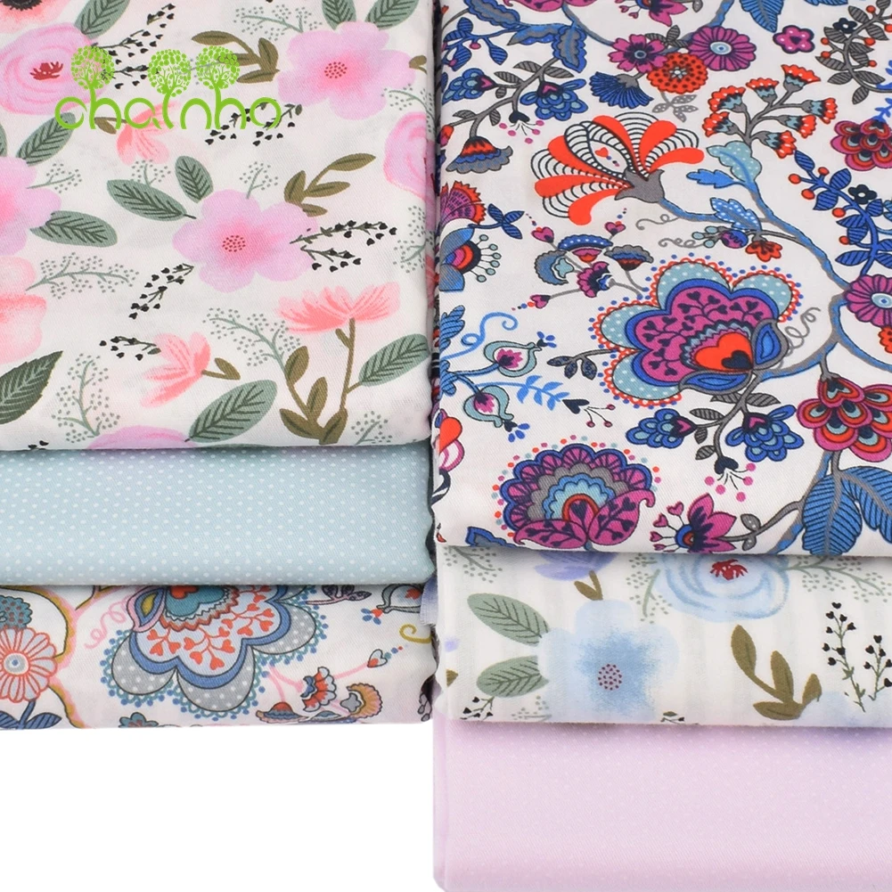 Chainho,Printed Twill Weave Cotton Fabric,DIY Sewing Quilting Material,Patchwork Cloth,6 Designs Flowers Series,2 Sizes,15C288