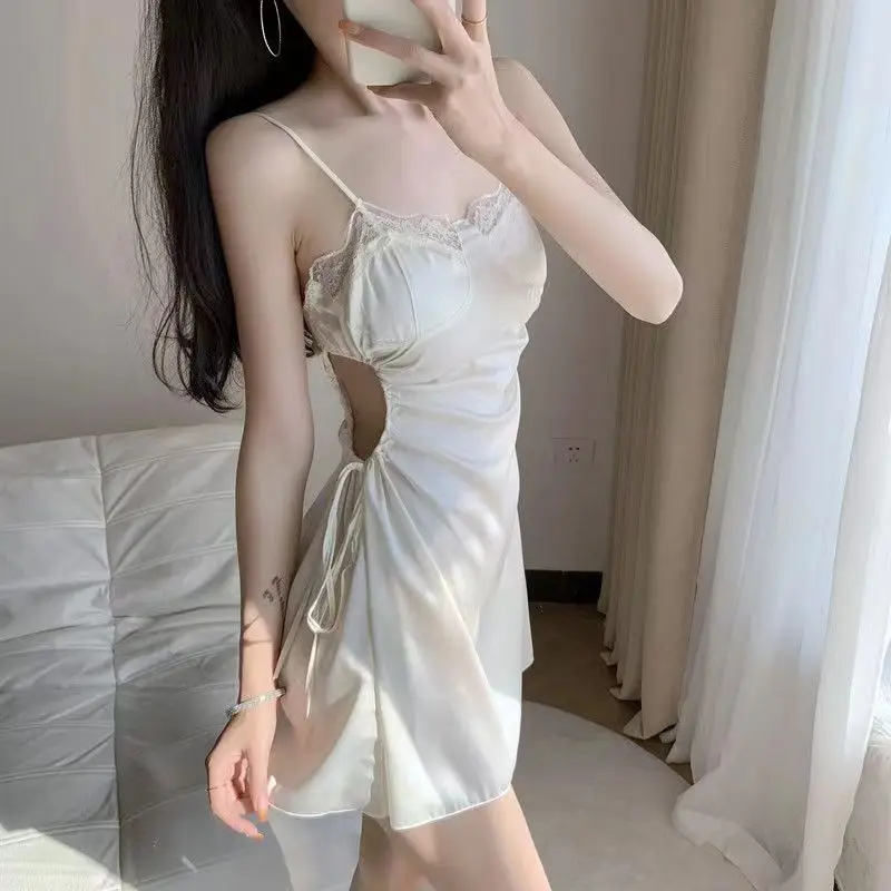 

Элегантная пижама, нижнее белье из вискозы, кружевная ночная рубашка на бретельках, ночная сорочка с боковыми складками и вырезами, ночная одежда для женщин, сексуальное нижнее белье, одежда для сна