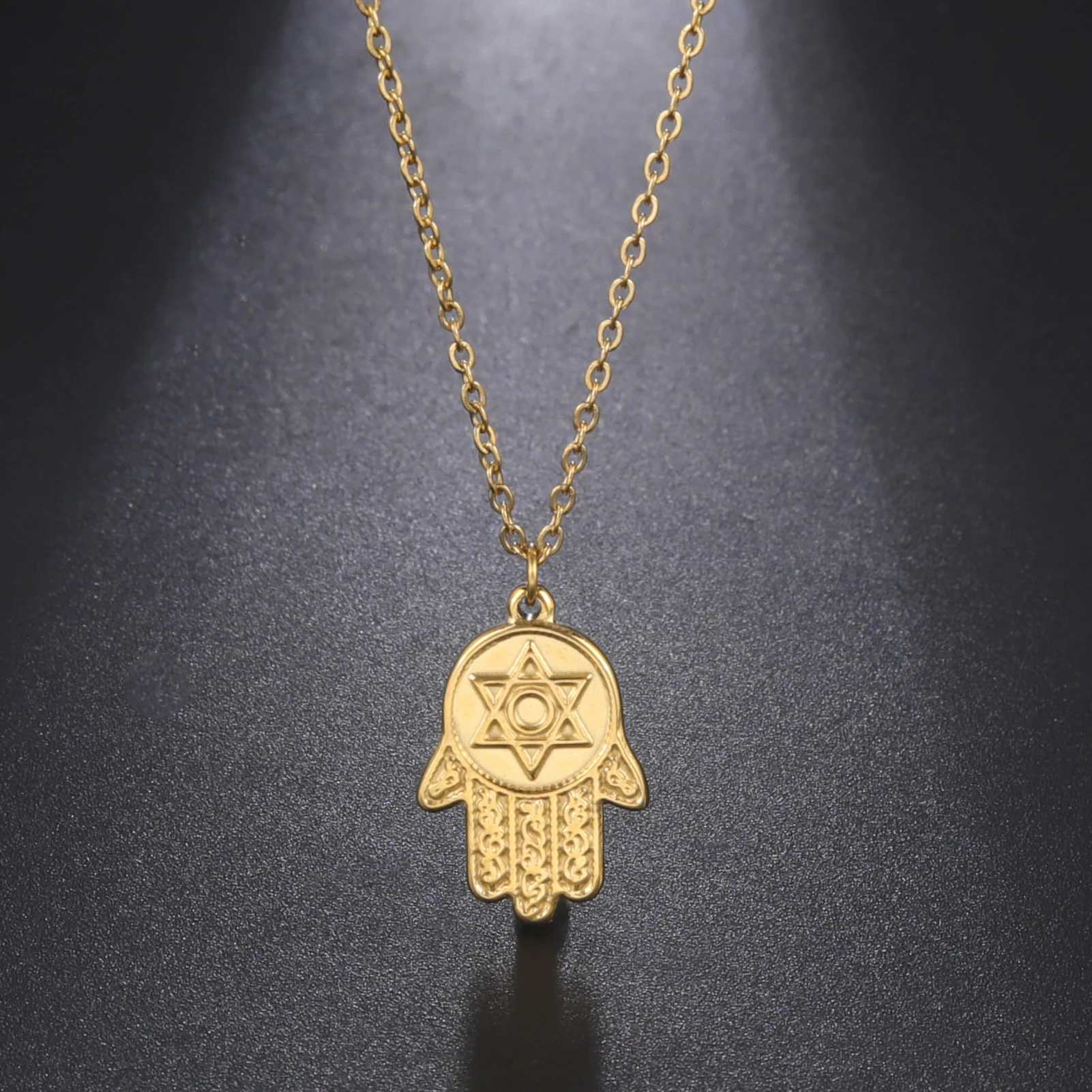 Skyrim hamsa mão estrela de david pingente colar feminino aço inoxidável  cor ouro amuleto pescoço corrente gargantilha israel jóias judaicas -  AliExpress, image size:1601x1601