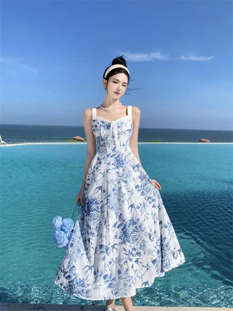 

Vintage Lace-up For Women 2024 Summer Blue Print Slip Dresses Elegant Female Clothing Backless Bohemia Long Dress French