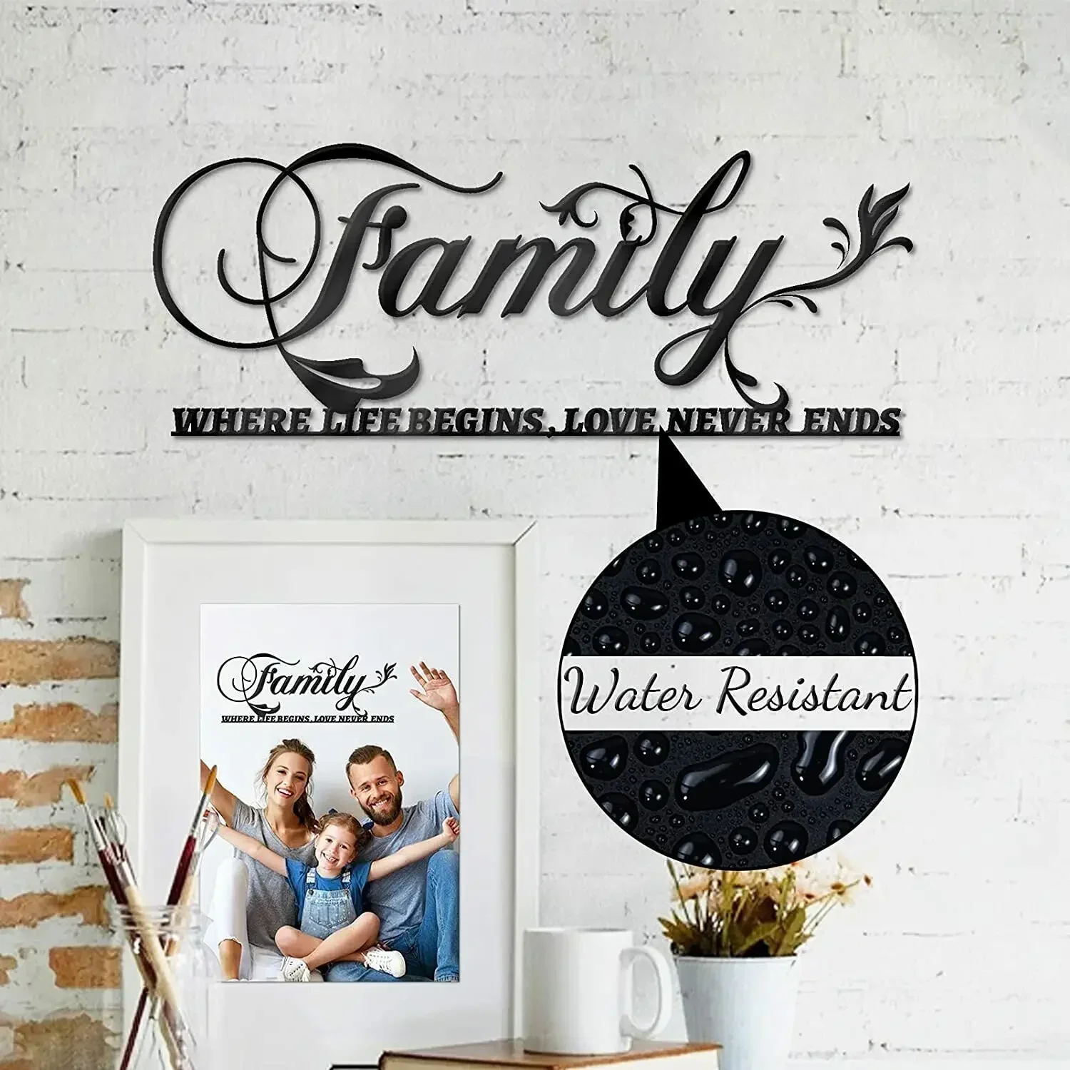 

Family Where Life Begins, Love Never Ends Word Sign Iron Crafts Hanging Wall Art Home Decor Wall Sticker Black Metal Wall Decor