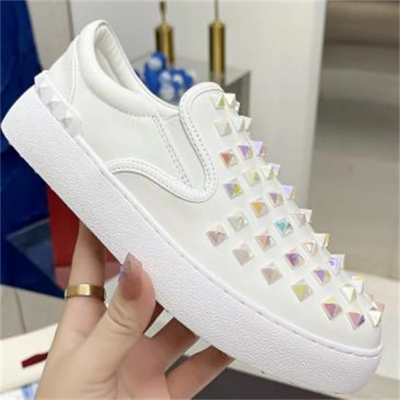 

Maxi Rivets Designers Shoes for Women Round Toes Ladies Sewing Lines Female Loafers Increasing Heels Femme Studs Zapatos Mujer