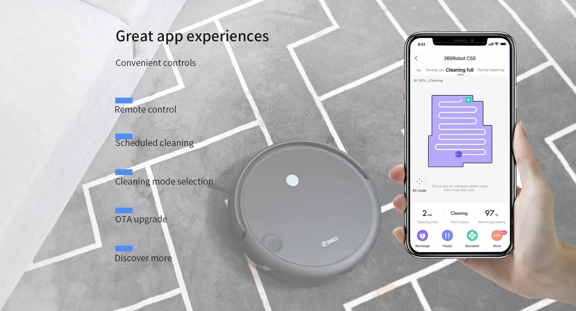 360 C50 Robot Vacuum Cleaner Home Housekeeping Appliances Wet Mop Water Tank Commercial AI Map Navigation APP Control