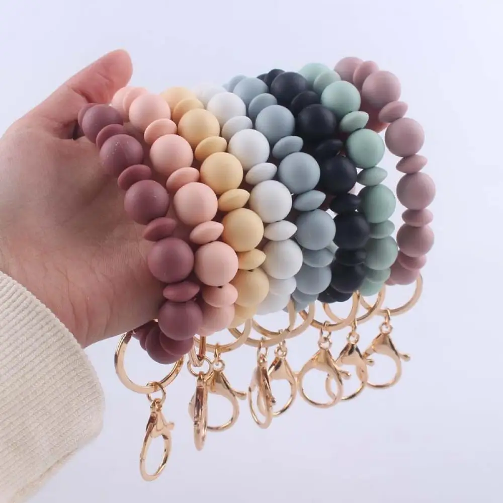 Creative Anti-Loss Women Wristlet Bracelet Keychain Food Grade Silicone Round Beaded Keyring For Lobster Clasp Keychain Jewelry