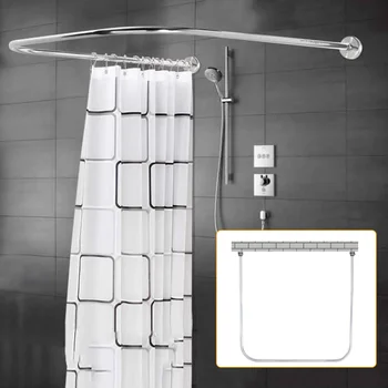 Barre per tende da doccia Staffa per arco tondo a forma di U senza foratura, barra per tende retrattile in acciaio inossidabile, per bagno 1