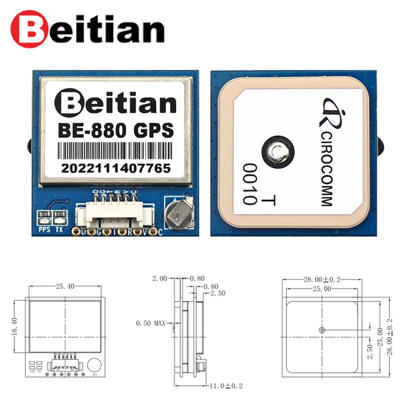 Module GPS Boussole BE-880 installé sur un drone FPV, entouré de composants électroniques.
