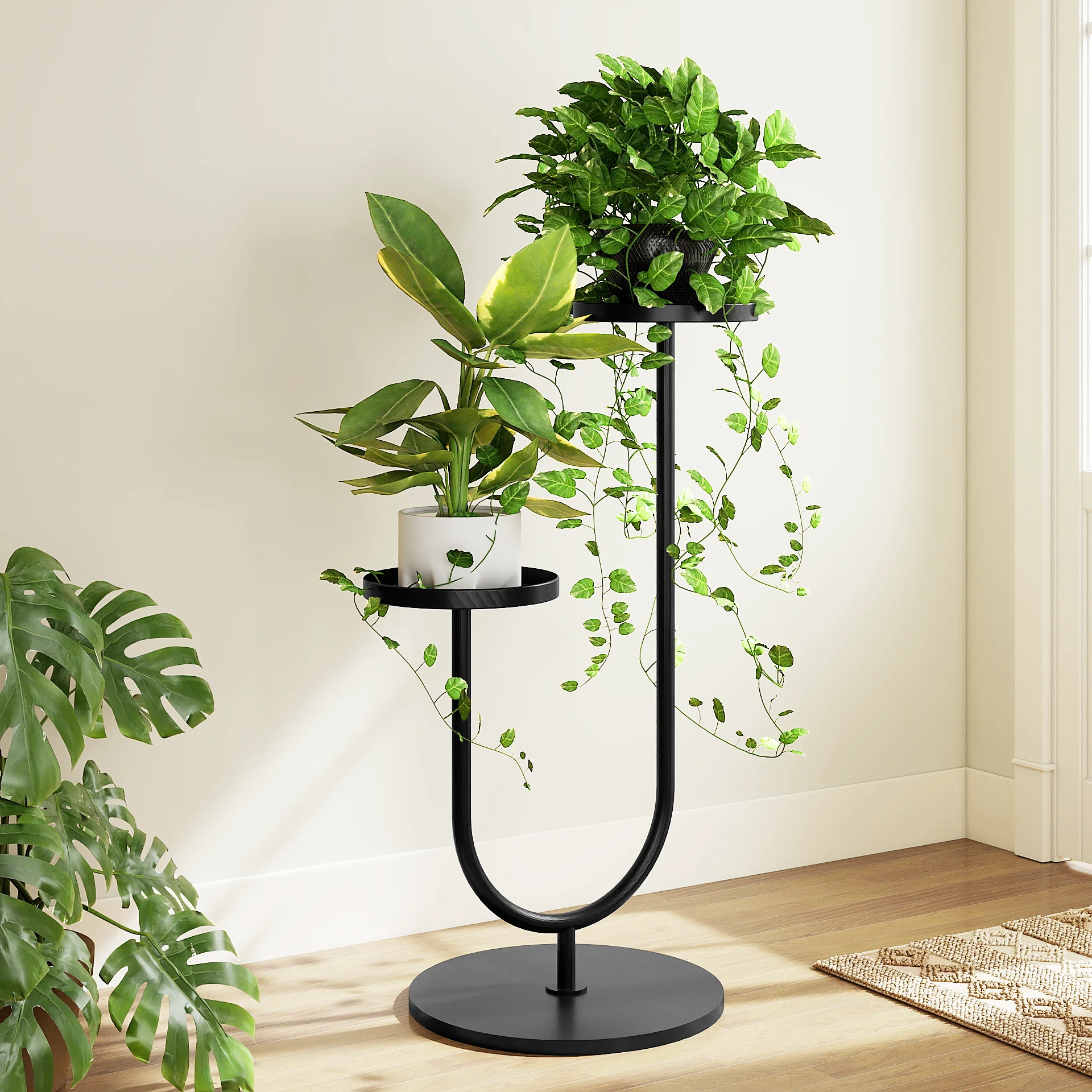 Metal Plant Stand Indoor Modern Plant Stands for Indoor Plants 2 Pots Black Planter Holder U-Shaped for Home Living Room Bedroom