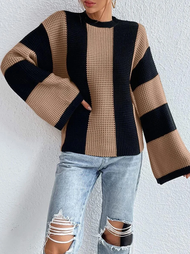 

Vintage Striped Sweater Women Autumn Winter Flare Sleeve Knitted Pullovers Female Harajuku Casual Loose Oversized Knitwears