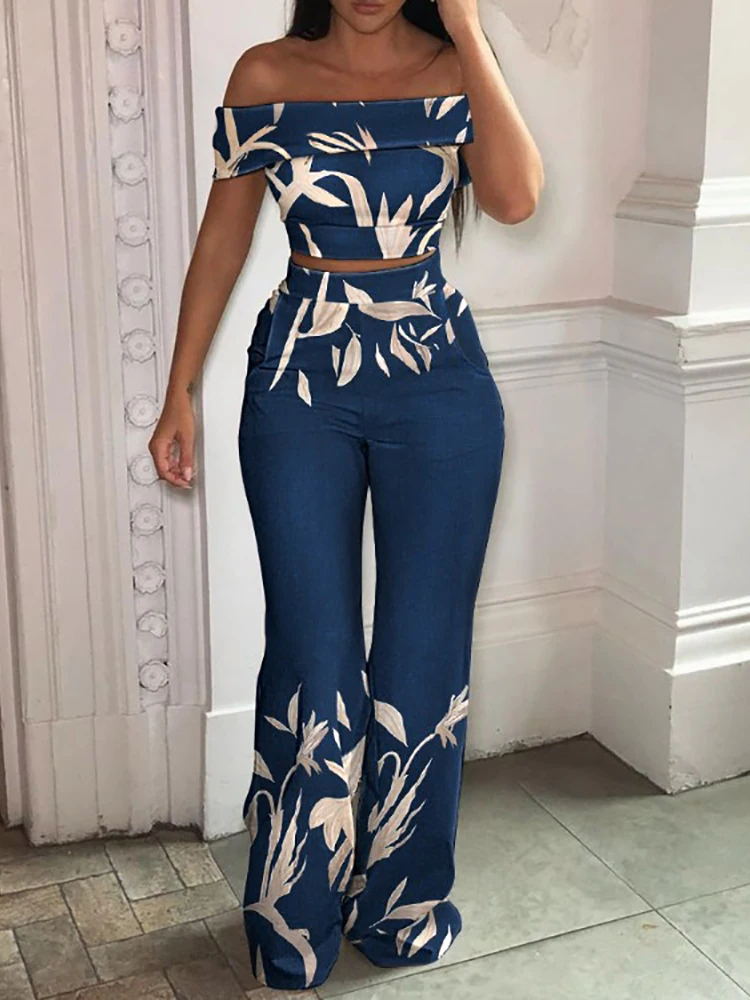 2022 New Sets Womens Outfits Elegant Slash Neck Short Top Slim Summer Ladies Suit Printing Office Lady Wide Leg Pants Streetwear suit set Suits & Blazers
