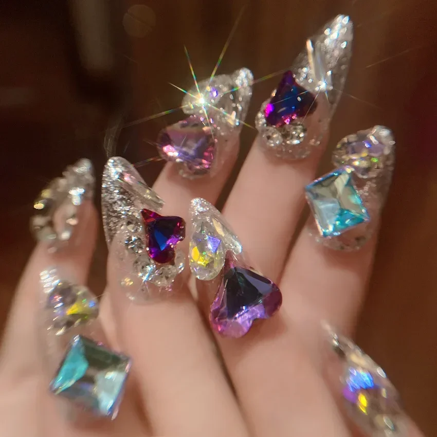 

24pcs Dazzling Glitter Full Diamond Shiny Fake Nails Press on Full Cover Acrylic Nails Set Rhinestone Stick on For Women/Girls