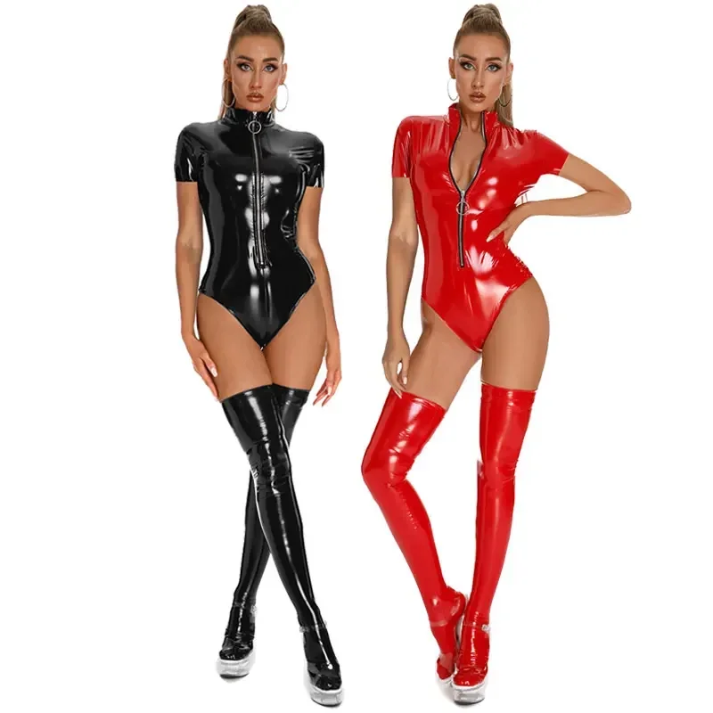 

Women Shiny Leather Leotard Short Sleeve Faux Leather Bodysuit Zipper Open Breast Exposing Glossy Shaping Bodycon Latex Bodysuit