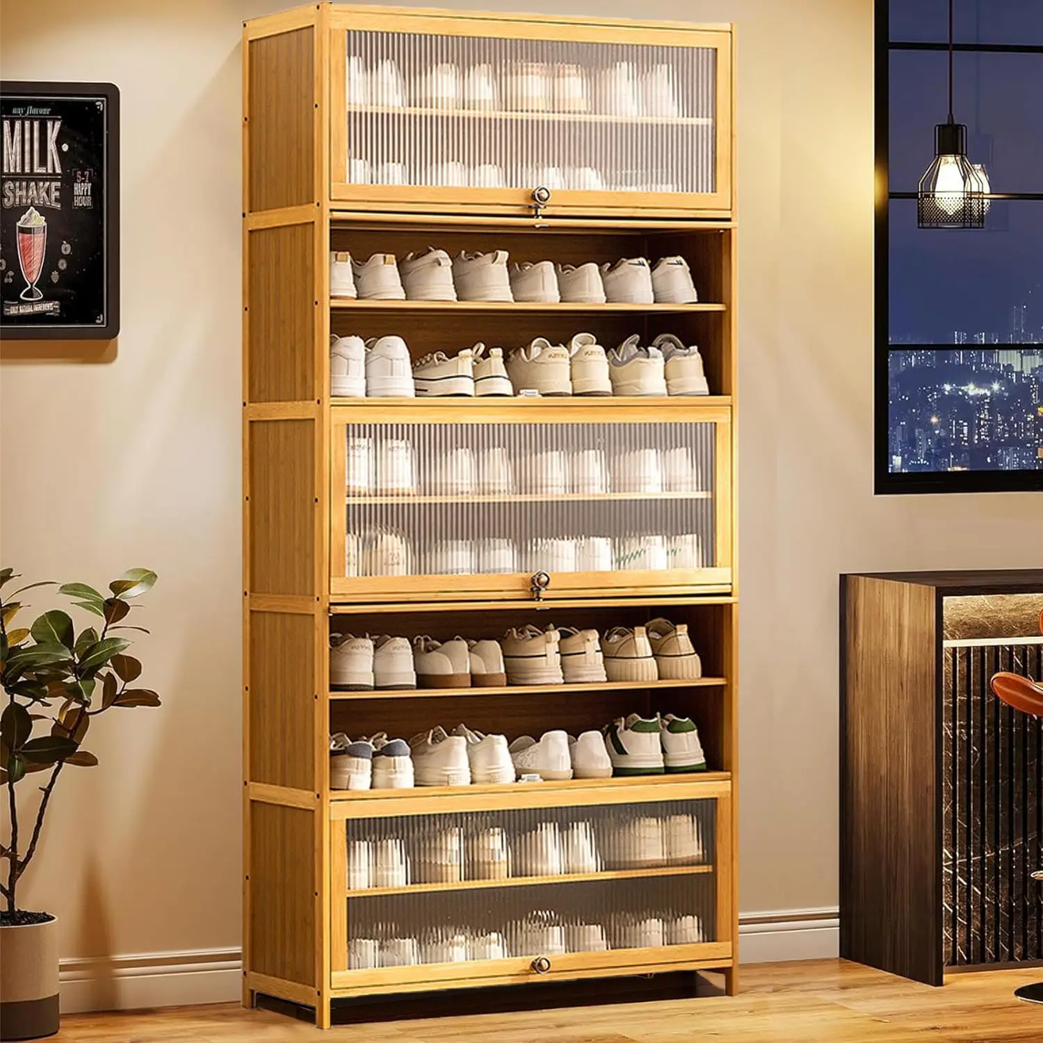 10 Tiers Bamboo Shoe Cabinet Flip Doors Large Shoe Cabinet for entryway 40-45 Pairs Storage Tall