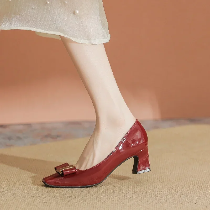 HOT Plus Size 40 HOT Women Shoes Square Toe 5cm Pumps Patent Leather Dress Butterfly Knot Boat Shoe Wedding Shoes Zapatos Mujerd 4