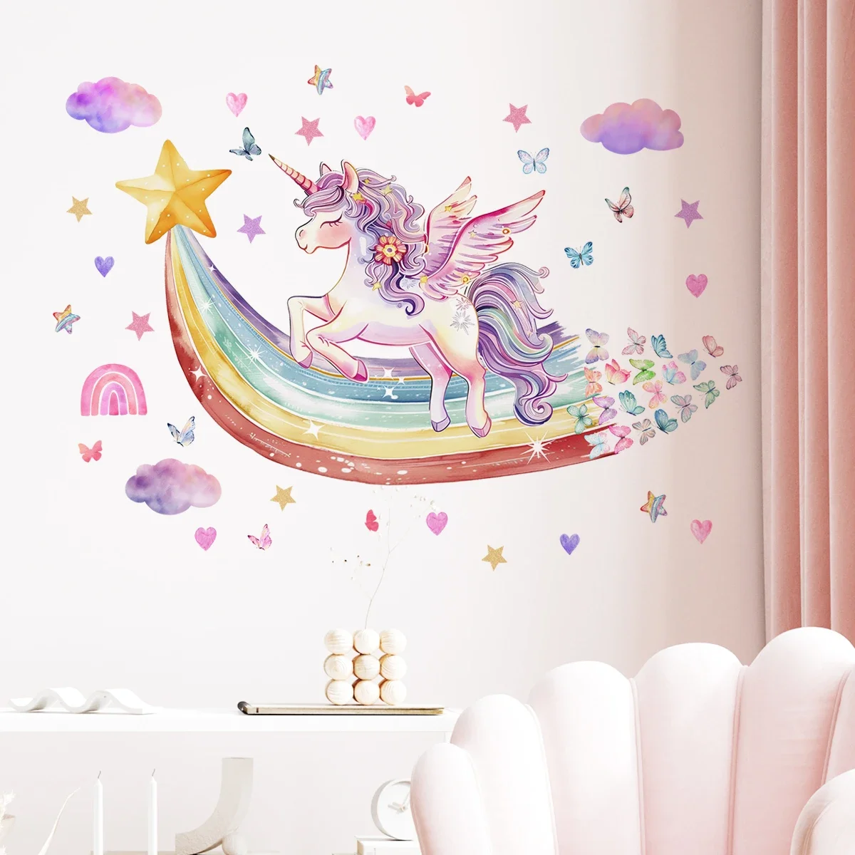 2Pcs Rainbow Unicorn Butterflies Wall Sticker Baby Room Girls Kids Room Decor
