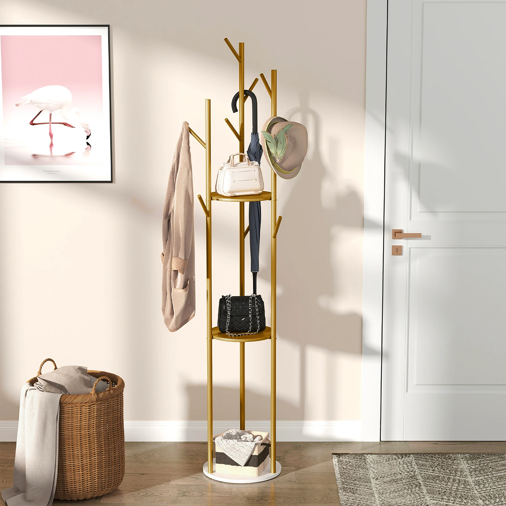Freestanding Metal Coat Rack Stand Marble Base Clothes Hanger Hall Tree with Storage Shelves and Hooks