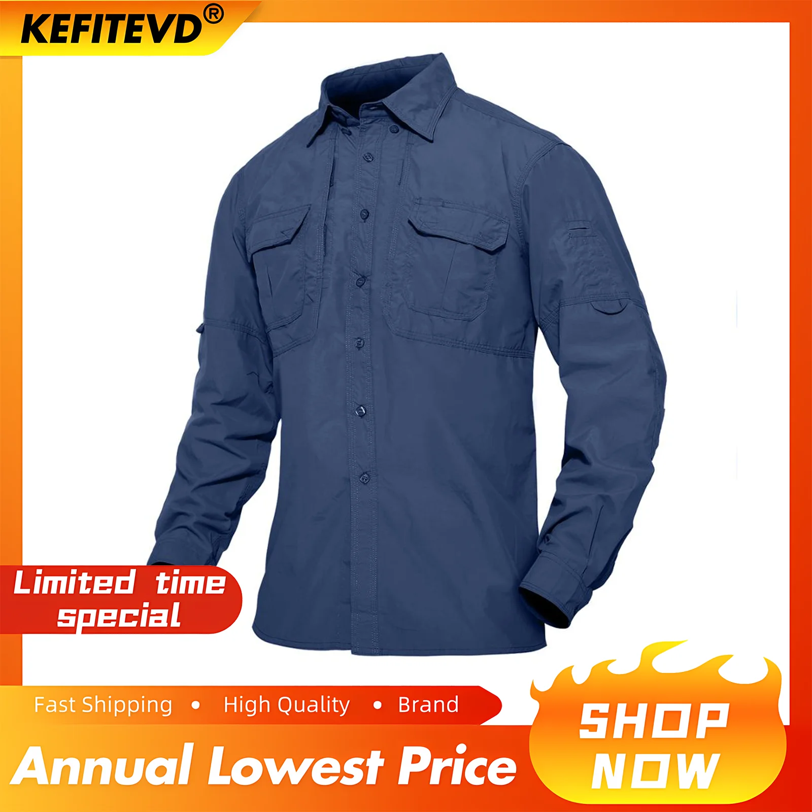 Mens Long Sleeve Fishing Shirts Multi-Pocket Outdoor Quick Dry Nylon