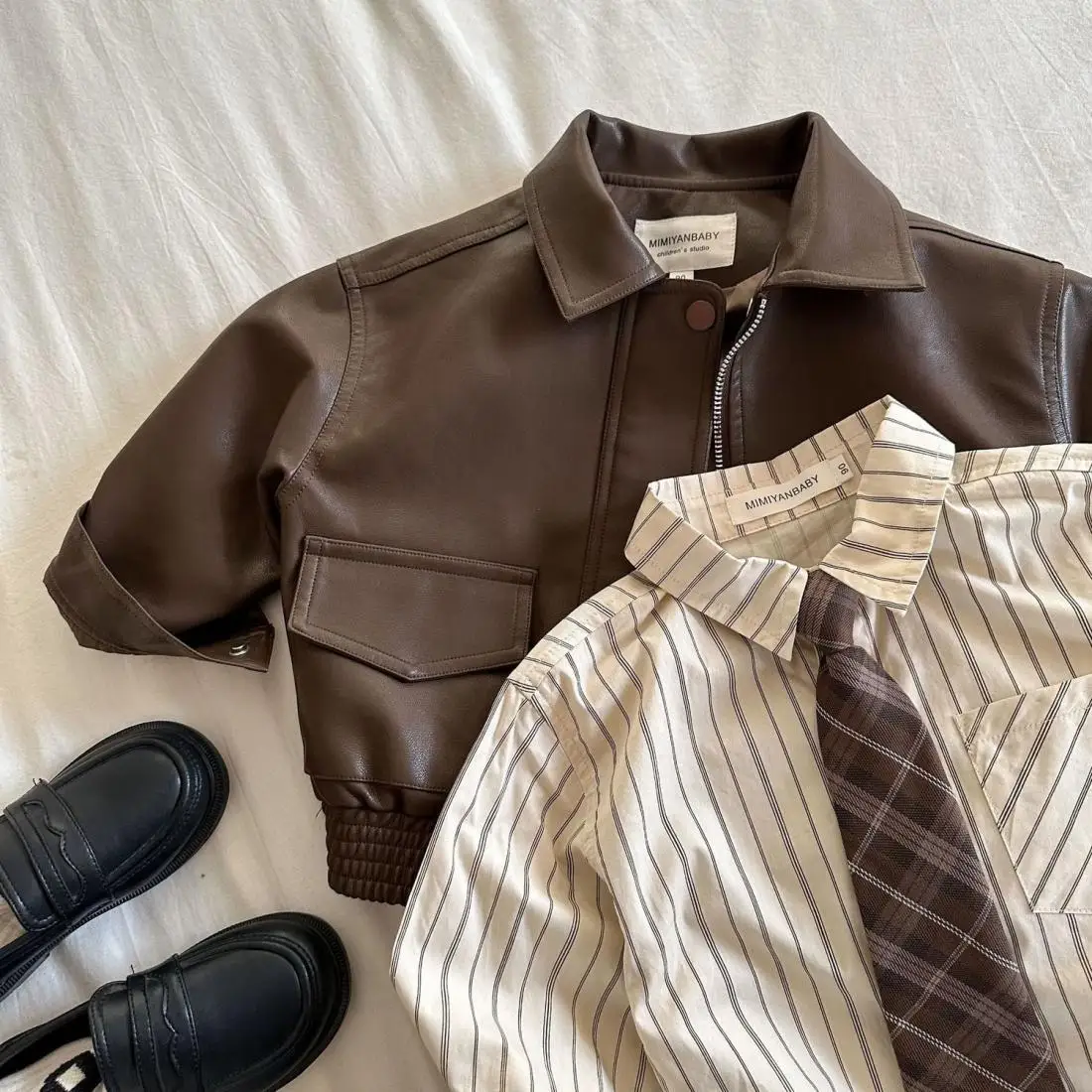 Brown PU Leather Toddler Jacket - Zipper Coat with Lapel Collar for 2-10Y