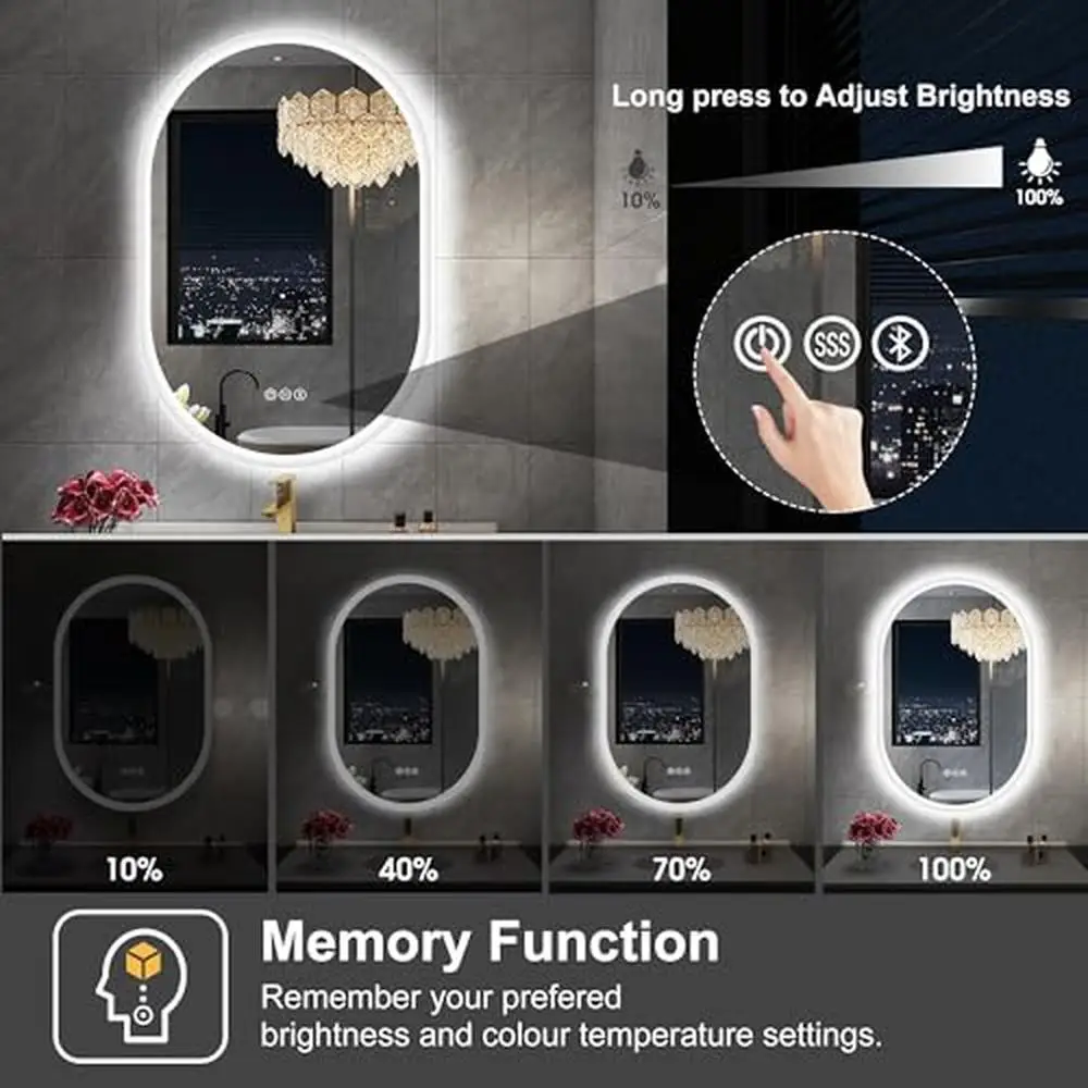 36 x 24 Oval LED Bathroom Mirror Bluetooth Speaker Wall Mount Anti-Fog Dimmable Waterproof Vanity Mirror Lighted with