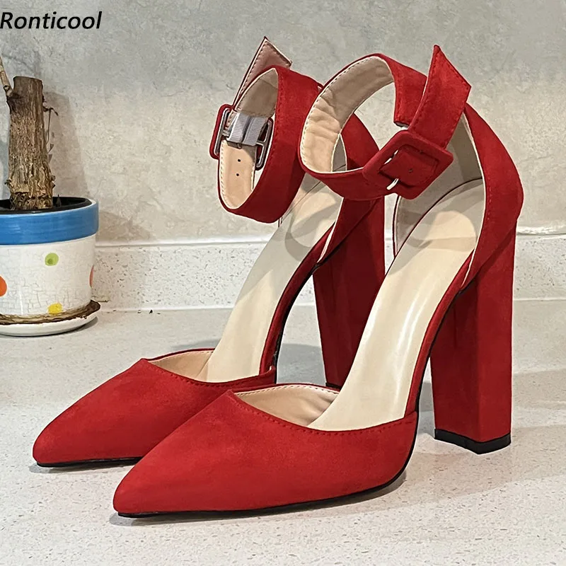 

Ronticool Customize Color Women Spring Pumps Block High Heels Pointed Toe Beautiful Red Party Dress Shoes US Plus Size 5-15