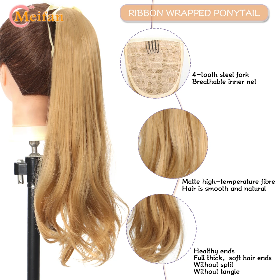 MEIFAN Synthetic Long Straight Ribbon Wrap Around Pontail Clip In Hairtail Extensions Natural False Ponytail Hairpiece for Women