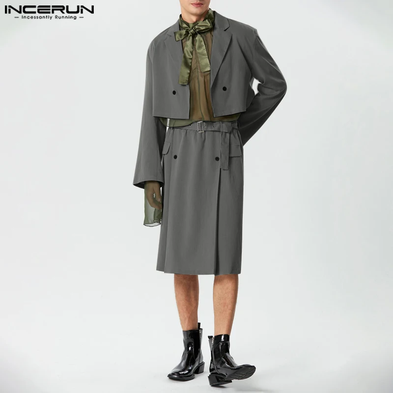 

Комплект из 2 предметов INCERUN мужской, однотонный укороченный блейзер с отложным воротником и длинными рукавами и юбка, уличная мода 2023, Индивидуальные Модные мужские повседневные комплекты