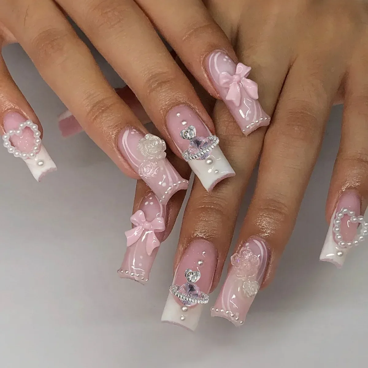 24pcs Detachable XL Ballerina flower artificial nails with designs Full Cover French fake nails set press on diamond false nails