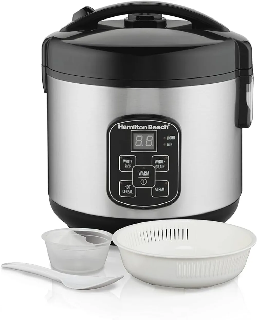 

Digital Programmable Rice Cooker & Food Steamer, 8 Cups Cooked (4 Uncooked), With Steam & Rinse Basket, Stainless Steel (37518)