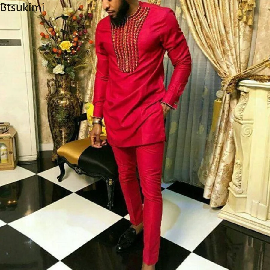 New 2023 Men's African Ethnic Clothing Sets Red Long Sleeve Top and Pants Sets Male 2 Pieces Casual Sets Male Pant Suits Sets