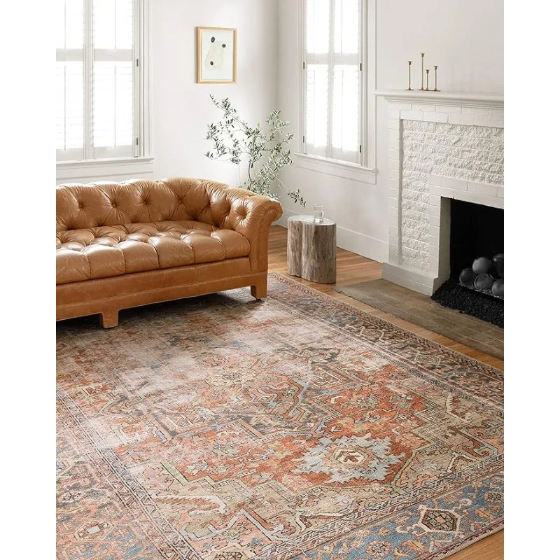 

Collection LQ-15, Area Rug, 7' 6" x 9' 6" Terracotta/Sky Rectangular 0.25" Thick Soft, Durable, Vintage, Distressed, Low Profile