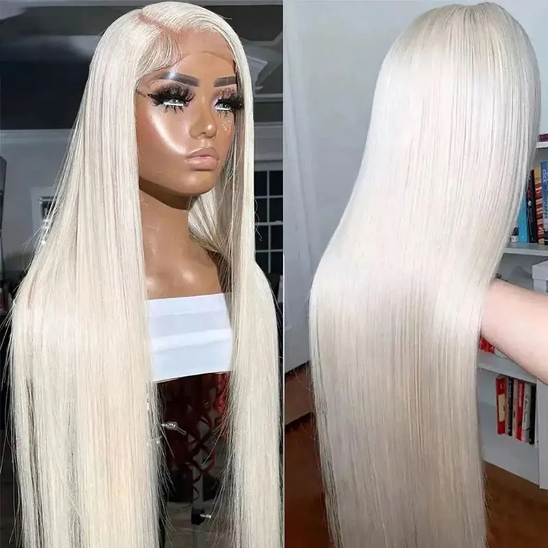 

#60 Platinum Blonde Color Peruvian Straight Lace Frontal Wigs 13x4 Transparent Lace Front Wig for Women Preplucked Glueless Wigs