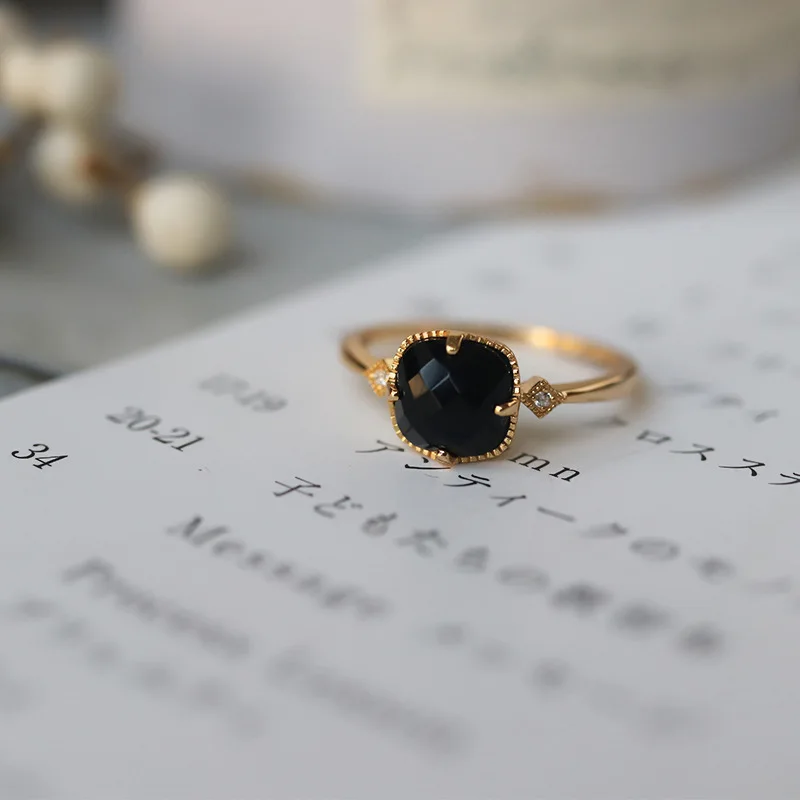

PANJBJ 925 Sterling Silver Geometry Ring for Women Girl Black Agate Square Fashion Classical Jewelry Gift Dropshipping