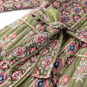 Winter Green Flower Print V neck Quilted Jacket Ethnic Women Tie Bow Sashes Quilting Full Sleeve Coat BOHO Midi Outerwear 6