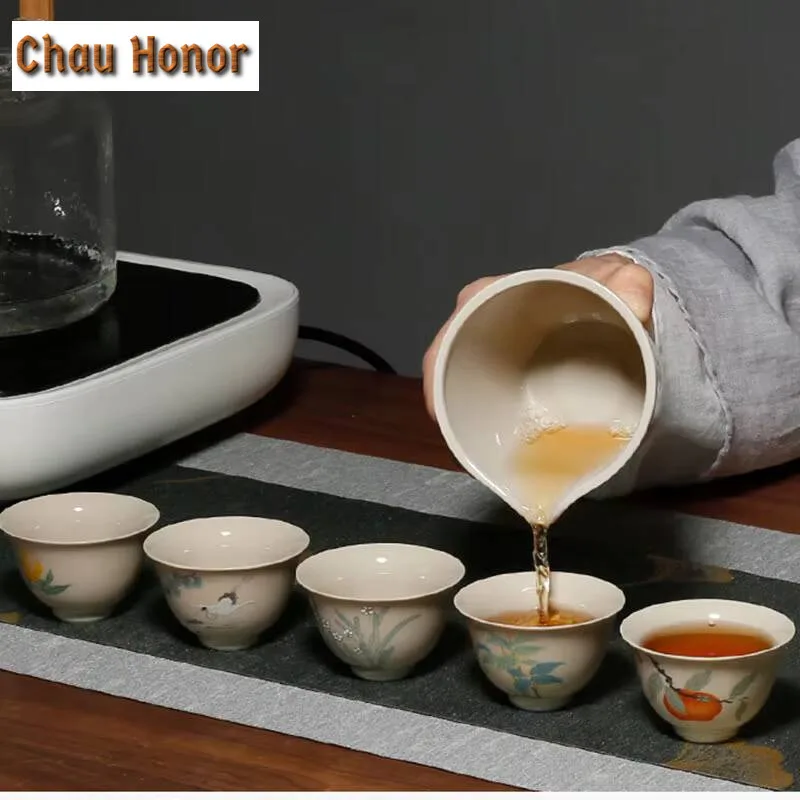 2pcs /set Plant Gray Persimmon Small Tea Cup Kung Fu Tea Set Household Tea Cup Ceramic Single Cup Tea Ceremony Accessories 45ml