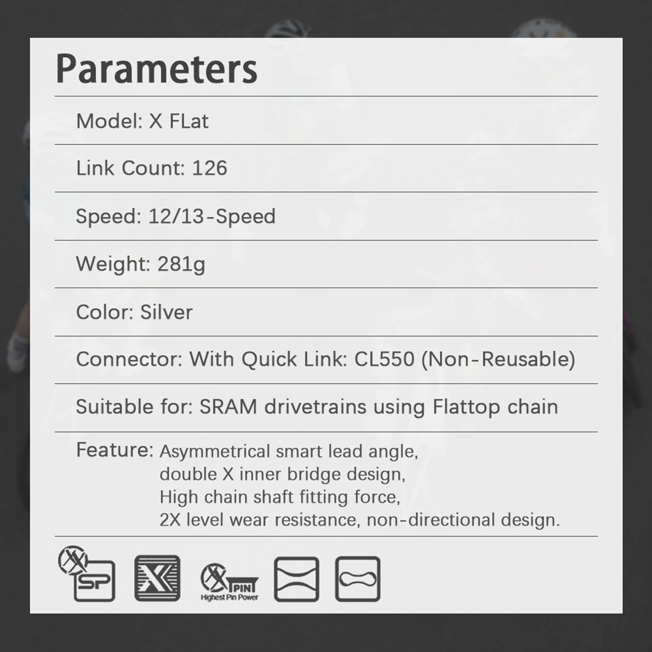KMC X-FLAT 왁스 체인 12/13단 로드 자전거 체인 (SRAM 플랫탑 12S 산악 자전거용) Curren 126링크 왁스 처리된 Go 12V 체인