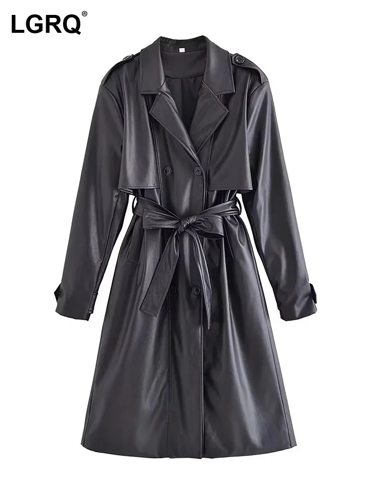 

LGRQ 2024 Fashion Elegant Belt Tie Up Waist Design Imitation Leather Long Trench Coat Women's High Quality Trendy Jacket 19F4504