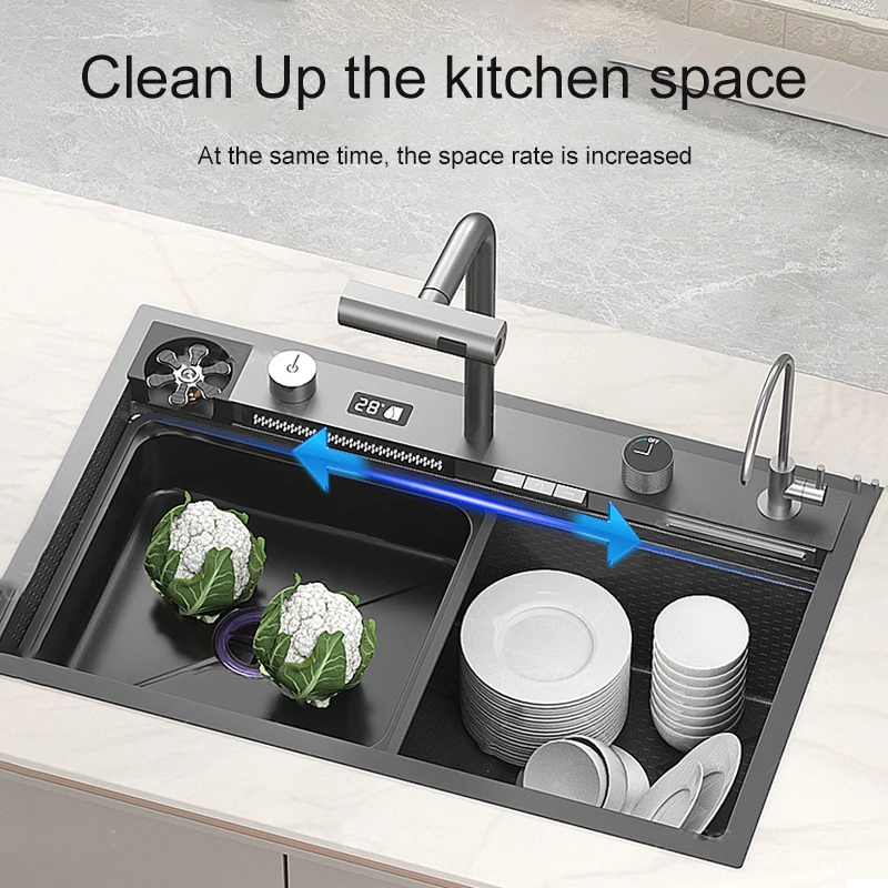 Digital Display Waterfall Kitchen Sink Stainless Steel  Large Single  Slot Right Side Under mount Cup Washer  Piano Keys 5