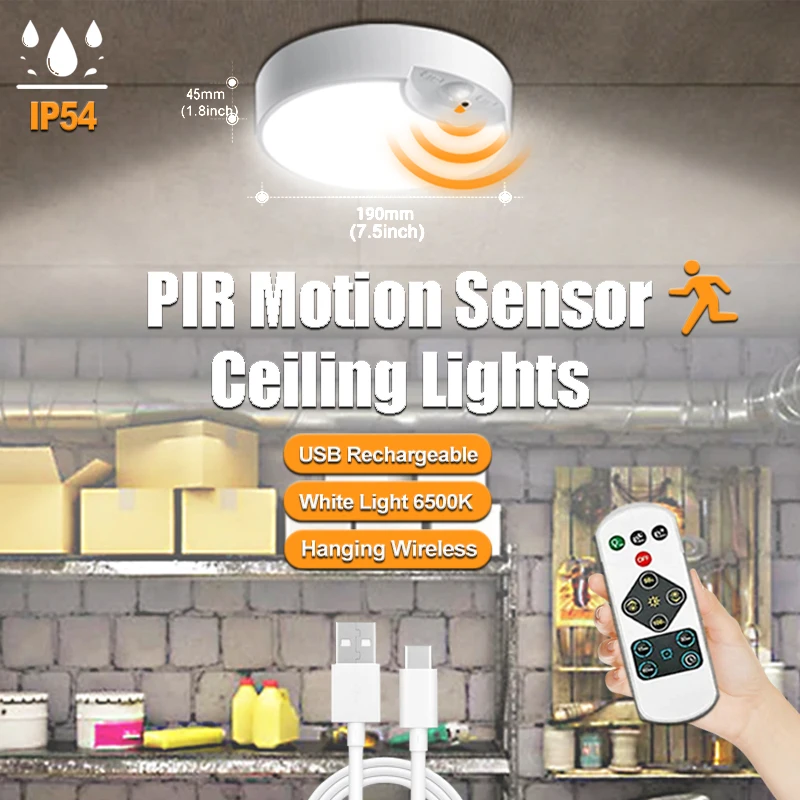 

Led Ceiling Lights Hanging PIR Motion Sensor Night Light USB Rechargeable with Remote Dimmable for Closet Stairs Hallway Garage