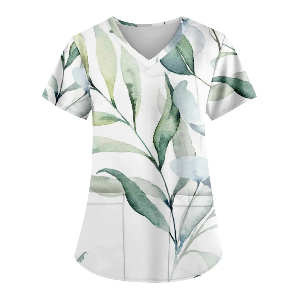 

Plant Print Nursing Uniforms For Women V-Neck Patched Pocket Medical Uniforms Nursing Short Sleeve Tops Working Clothes