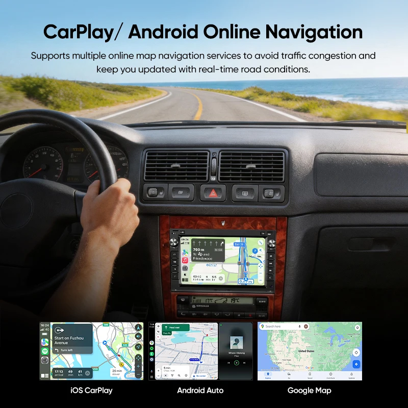 AINAVI Pantalla táctil IPS inalámbrica de 7 pulgadas para coche, CarPlay, Android Auto, estéreo para coche, navegación GPS para VW Passat B5 Golf 4 MK4 MK5 Polo Bora Jetta Sharan Transport T5, radio FM con Bluetooth 6
